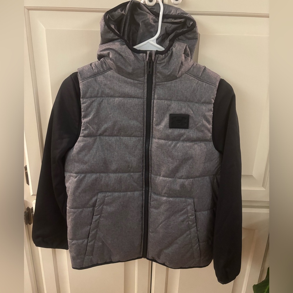 Gray and Black Hooded Puffer Jacket